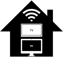 Ikon av hus med wifi, smart-tv og PC